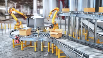 Blank,Conveyors,On,A,Blurred,Factory,Background.,3d,Illustration